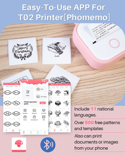 Memoqueen T02 Pocket Printer-Mini Sticker Printer Portable Bluetooth Inkless Instant Photo Printer, Compatble with Phones & Taplates, Great for DIY, Photos, Study Notes, Journal, Fun, Work, Pink