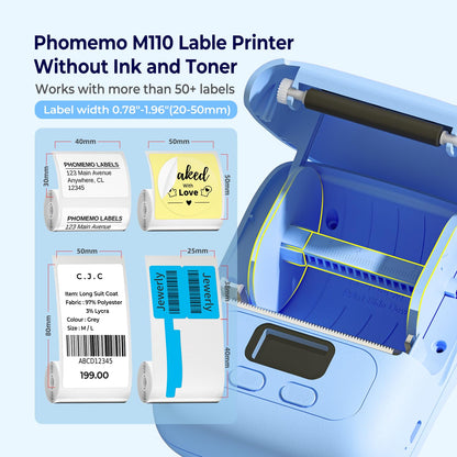 Memoqueen M110 Label Maker Portable Bluetooth Thermal Label Maker Printer Inkless Printing for Labels, Stickers, Images, QR Codes, Compatible with Android & iOS System, with 1pack 40×30mm Label, Blue