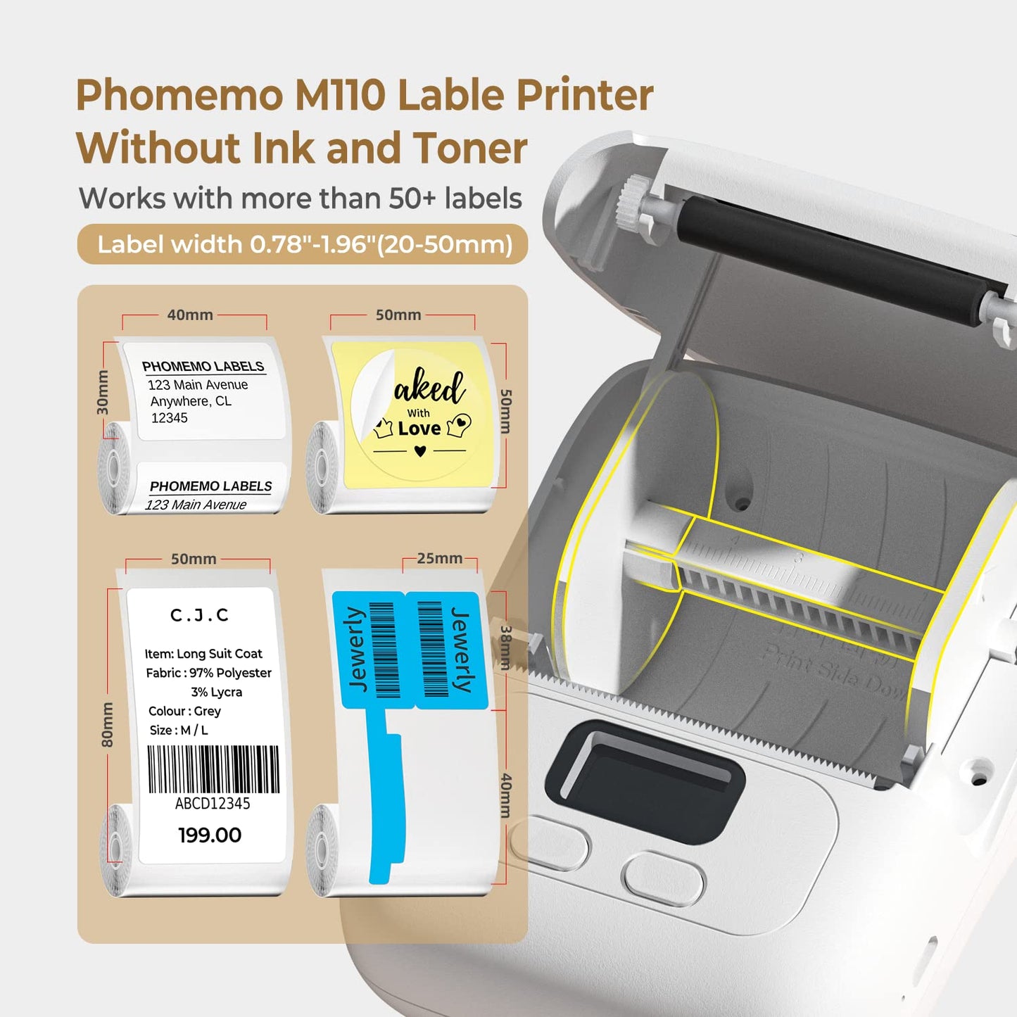 Label Maker Machine Phomemo M110 WH Portable Bluetooth Label Printer for Storage, Shipping, Barcode, Mailing, Office, Home, Organizing, Sticker Maker Mini Label Maker with Multiple Templates