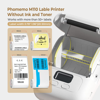 Label Maker Machine Phomemo M110 WH Portable Bluetooth Label Printer for Storage, Shipping, Barcode, Mailing, Office, Home, Organizing, Sticker Maker Mini Label Maker with Multiple Templates