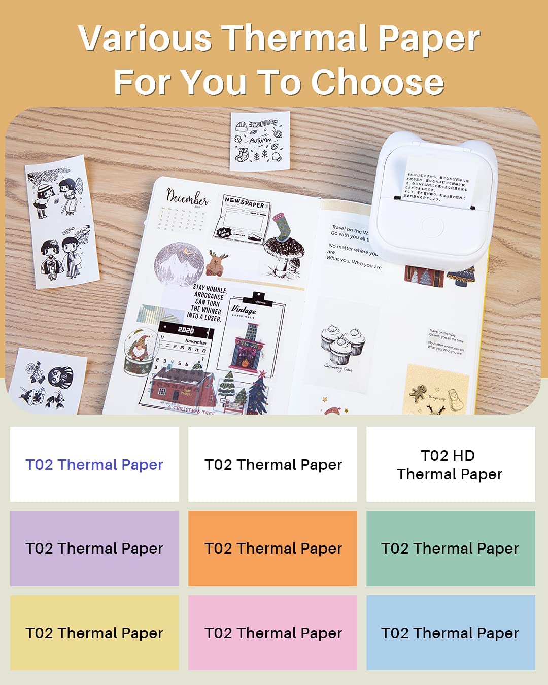 T02 Mini Printer-Memoqueen Bluetooth Thermal Printer Mobile Pocket Printer, Sticker Maker Machine Compatible with Phones & Taplates, 203dpi, Suit for Journal, Memo, To-do List, Patterns, Gift, Receipt