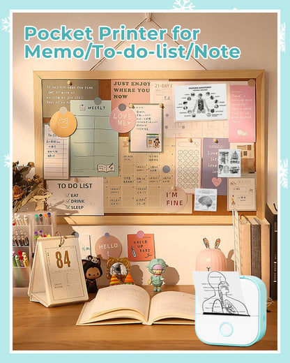 Memoqueen Mini Sticker Printer T02 Pocket Portable Bluetooth Thermal Printer with 3 Rolls Paper for Journal, Memo, Photo, DIY Scrapbook, Travel, Children Gifts, Compatible with iOS & Android, Green