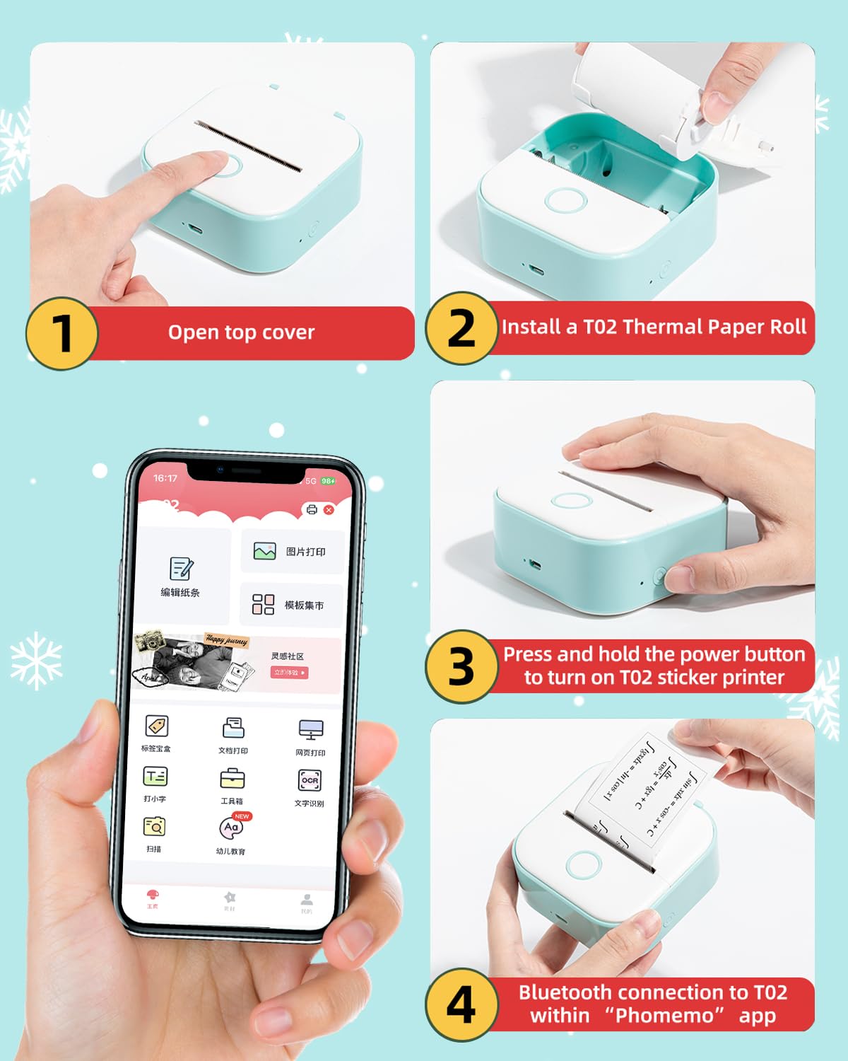 Memoqueen Mini Pocket Sticker Printer T02 Mini Sticker Printer, Mini Portable Bluetooth Thermal Printer with 3 Rolls Paper for Journal, Memo, Photo, DIY Scrapbook, Travel, Children Women Gifts, Green