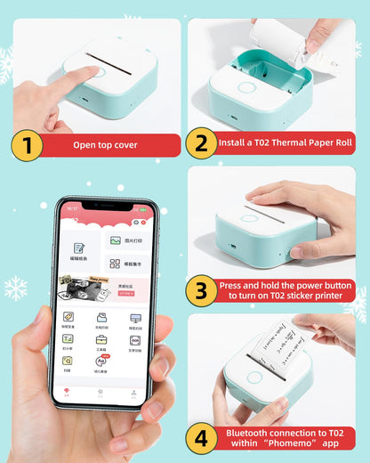 Memoqueen Mini Pocket Sticker Printer T02 Mini Sticker Printer, Mini Portable Bluetooth Thermal Printer with 3 Rolls Paper for Journal, Memo, Photo, DIY Scrapbook, Travel, Children Women Gifts, Green