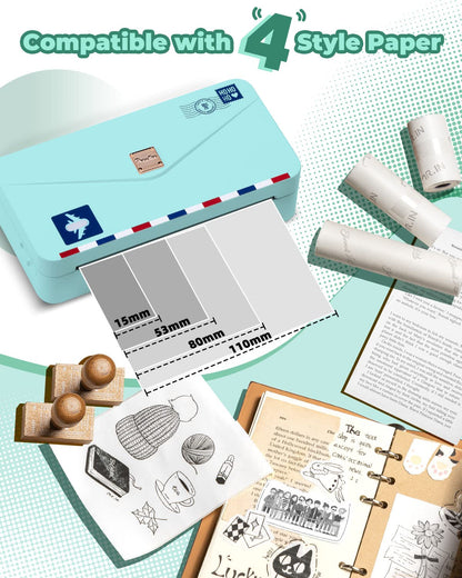 Memoqueen Portable Thermal Printer M04AS Inkless Sticker Printer 300dpi Bluetooth Label Printer, Support 15/53/80/110mm Printing Width, Suitable for Photos, Memo, Notes, to-Do-List, Gifts, Green