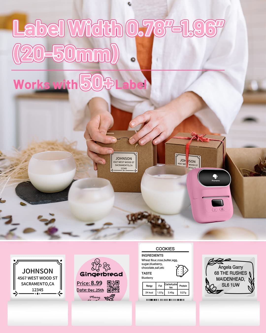 Memoqueen M110 Label Maker for Small Business, Bluetooth Thermal Label Printer Compatible with iOS & Android, Barcode Label Printer with Tape, Address Labels, Reatil, Images, Pink