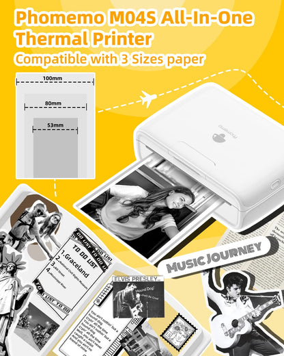 Memoqueen Phomemo M04S Mini Thermal Printer- 4 inch Bluetooth Photo Sticker Maker Printer Machine - Mini Printer Compatible with iOS &Android for Document, Notes, Sticker, Photo, Label, Journal, White