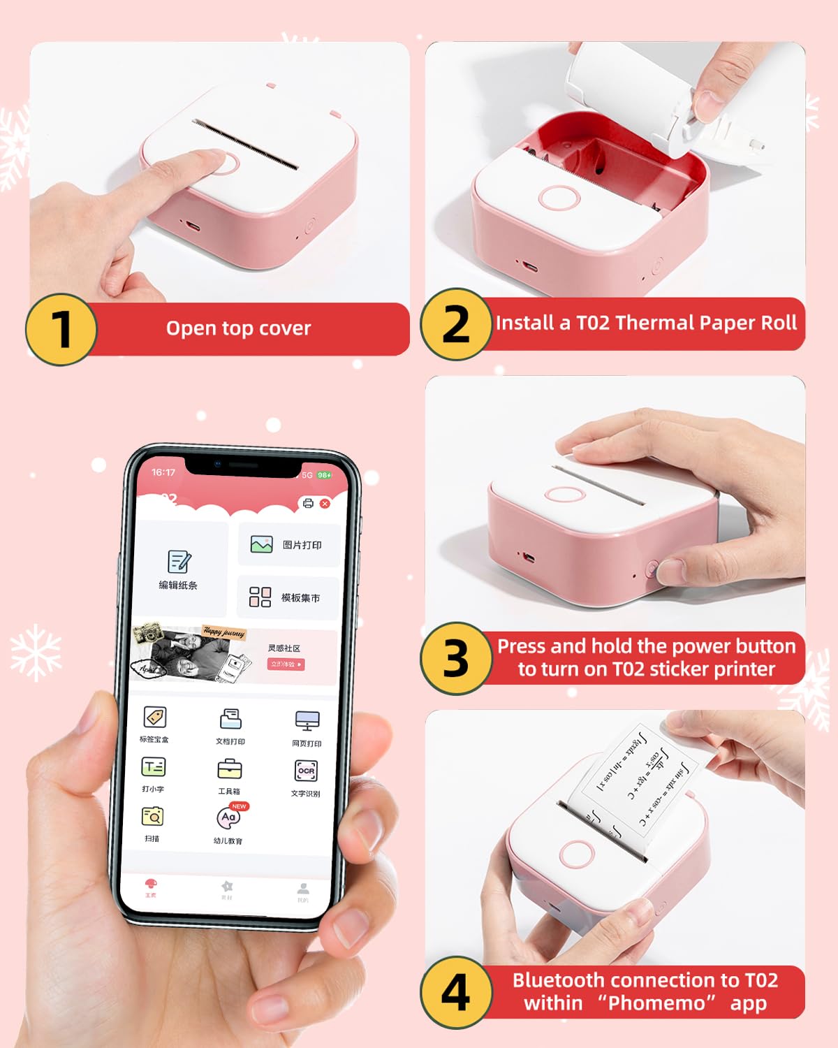 Mini Sticker Printer- Memoqueen T02 Portable Thermal Printer,Instant Photo Printer,Sticker Maker Machine with 3 Rolls Thermal Paper for Photo,Travel,Study,Office,Festival Gifts - Pink