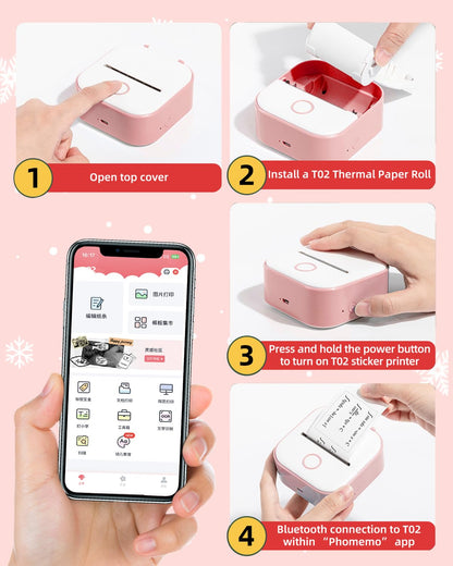 Sticker Printer - T02 Mini Thermal Printer, Portable Pocket Printer, Sticker Maker Machine with 3 Rolls Thermal Paper for Study Note, Photo, Travel, DIY Printing, Office, Festival Gifts, Pink