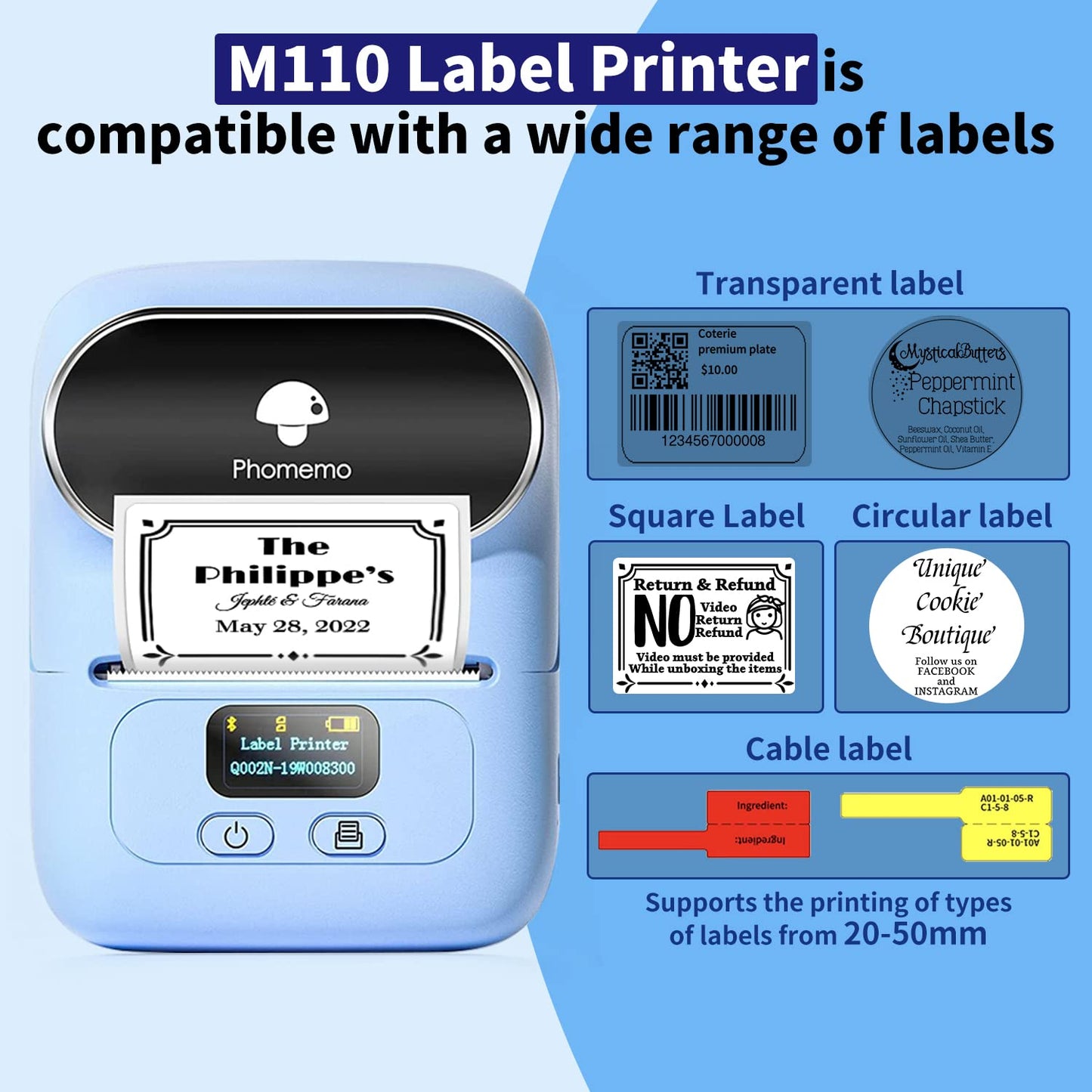 Phomemo M110 BU Label Maker Portable Bluetooth Thermal Label Maker Printer Inkless Printing for Labels, Stickers, Images, QR Codes, Compatible with Android & iOS System, with 1pack 40×30mm Label