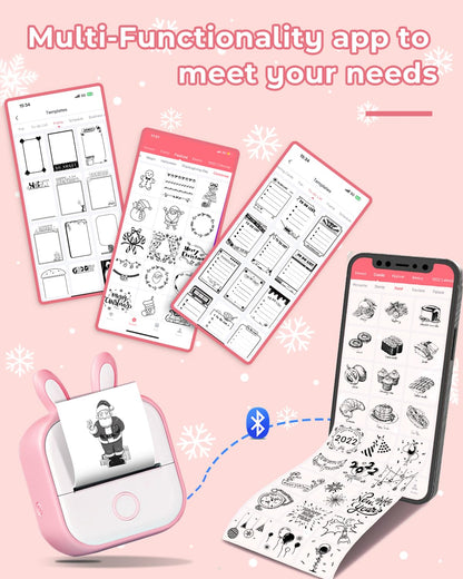 Mini Sticker Printer- Memoqueen T02 Portable Thermal Printer,Instant Photo Printer,Sticker Maker Machine with 3 Rolls Thermal Paper for Photo,Travel,Study,Office,Festival Gifts - Pink