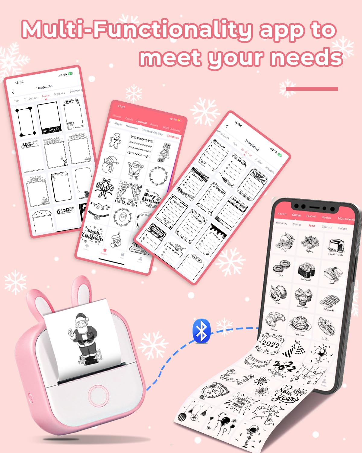 Sticker Printer - T02 Mini Thermal Printer, Portable Pocket Printer, Sticker Maker Machine with 3 Rolls Thermal Paper for Study Note, Photo, Travel, DIY Printing, Office, Festival Gifts, Pink