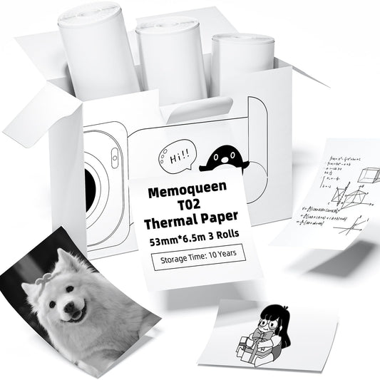 Phomemo T02 White Non-Adhesive Thermal Paper, Printer Paper for T02 Mini Printer, 53mmx6.5m, Black Text, Keep for 10 Years, Ideal for Study Notes, Plan, to-do-List, Memos, Photo Print, 3 Rolls