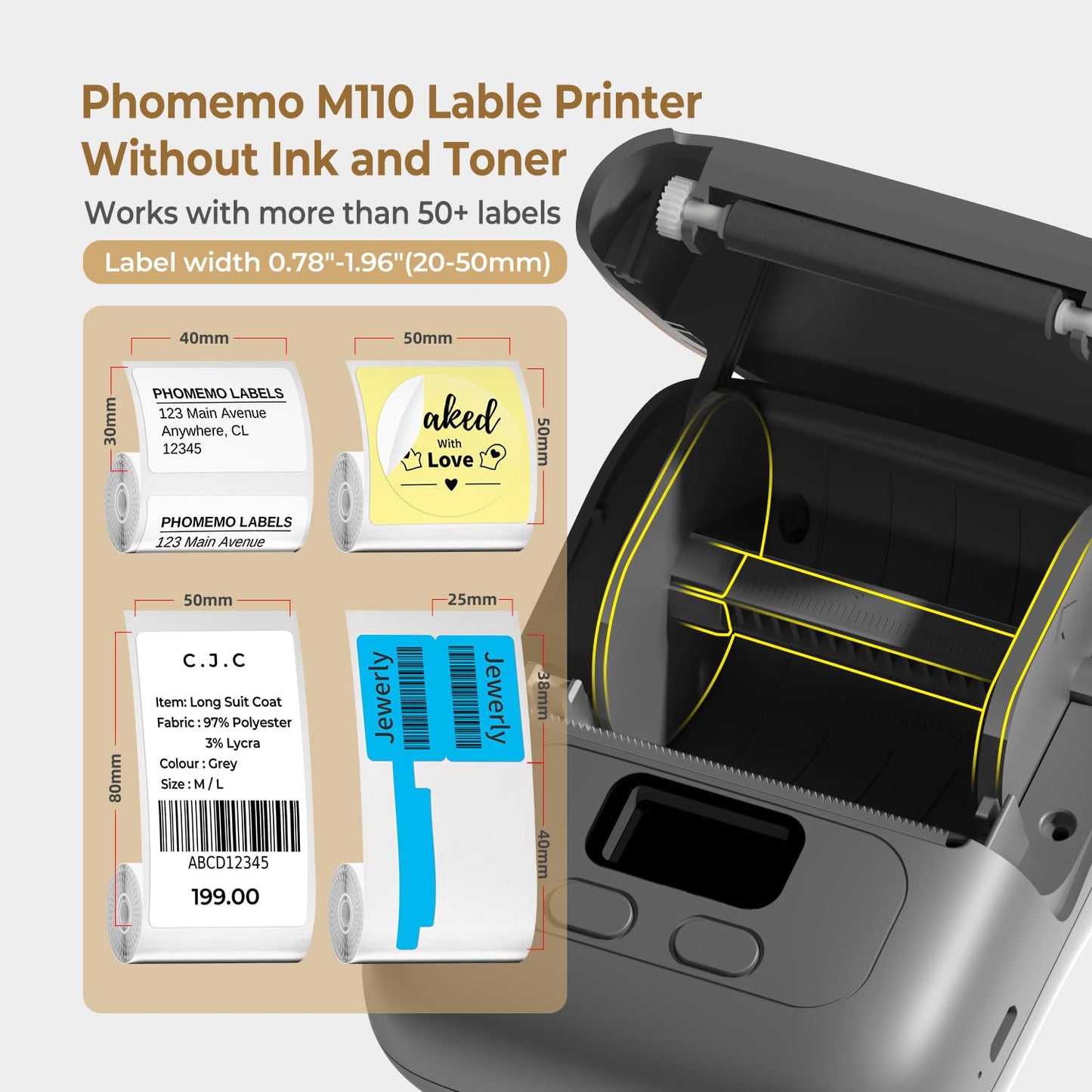Phomemo M110 Thermal Label Maker Machine with Tape - Portable Bluetooth Barcode Label Printer for Small Business, Office, Home, Address,Mini Thermal Priner Compatible with Androi&iOS,Gray