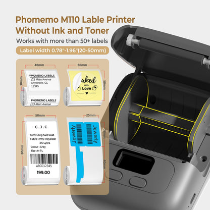 Phomemo M110 Thermal Label Maker Machine with Tape - Portable Bluetooth Barcode Label Printer for Small Business, Office, Home, Address,Mini Thermal Priner Compatible with Androi&iOS,Gray