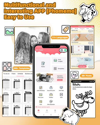 Memoqueen Mini Thermal Printer M04AS Portable Sticker Printer Wireless Bluetooth Printer for iPhone, Support 15/53/80/110mm Paper, Compatible with iOS & Android, Great for Memo, Notes, Photo, Journal