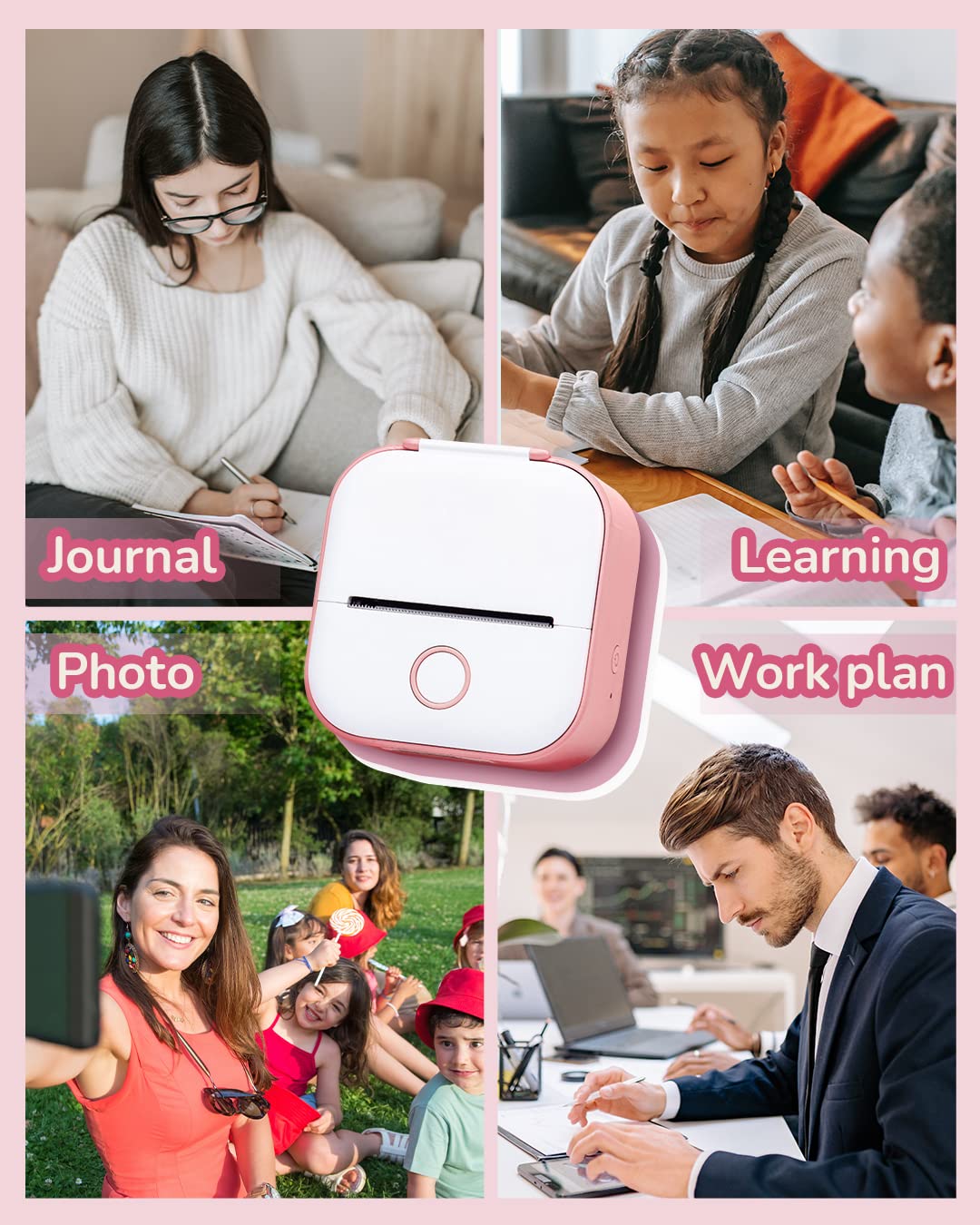 Memoqueen Mini Pocket Sticker Printer T02 Mini Pocket Thermal Printer, Wireless Bluetooth Photo Printer for DIY Journal, Note, Memo, Photo, Mini Portable Printer Compatible with iOS & Android, Pink