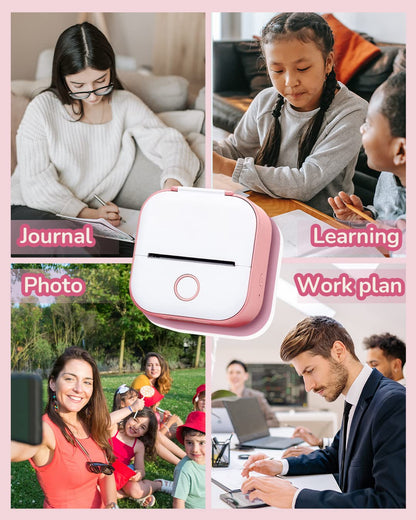 Memoqueen Mini Pocket Sticker Printer T02 Mini Pocket Thermal Printer, Wireless Bluetooth Photo Printer for DIY Journal, Note, Memo, Photo, Mini Portable Printer Compatible with iOS & Android, Pink