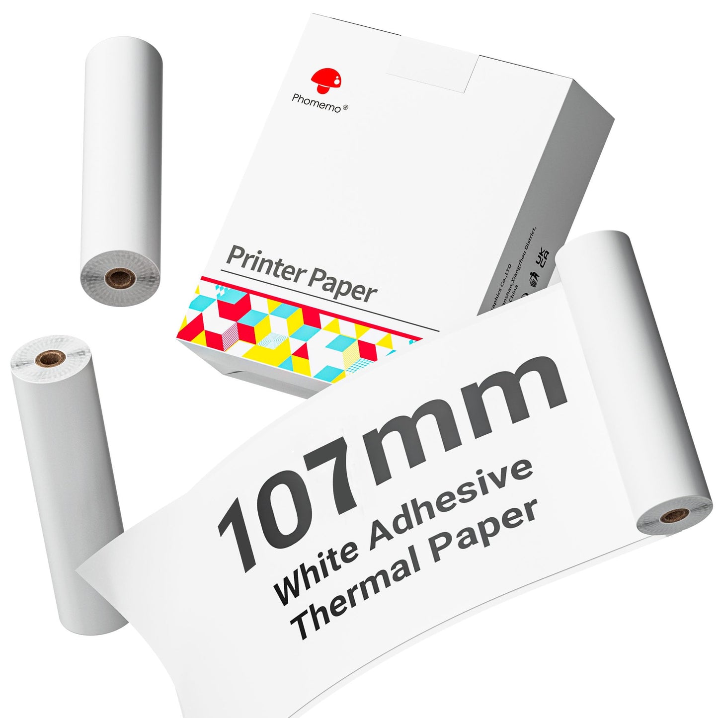 Phomemo White Self-Adhesive Thermal Paper, 4.3'' Sticker Paper for Phomemo M04S/M04AS/M832/M834/M835 Bluetooth Thermal Printer, Black on White, 107mm x 3.5m, 3 Rolls.