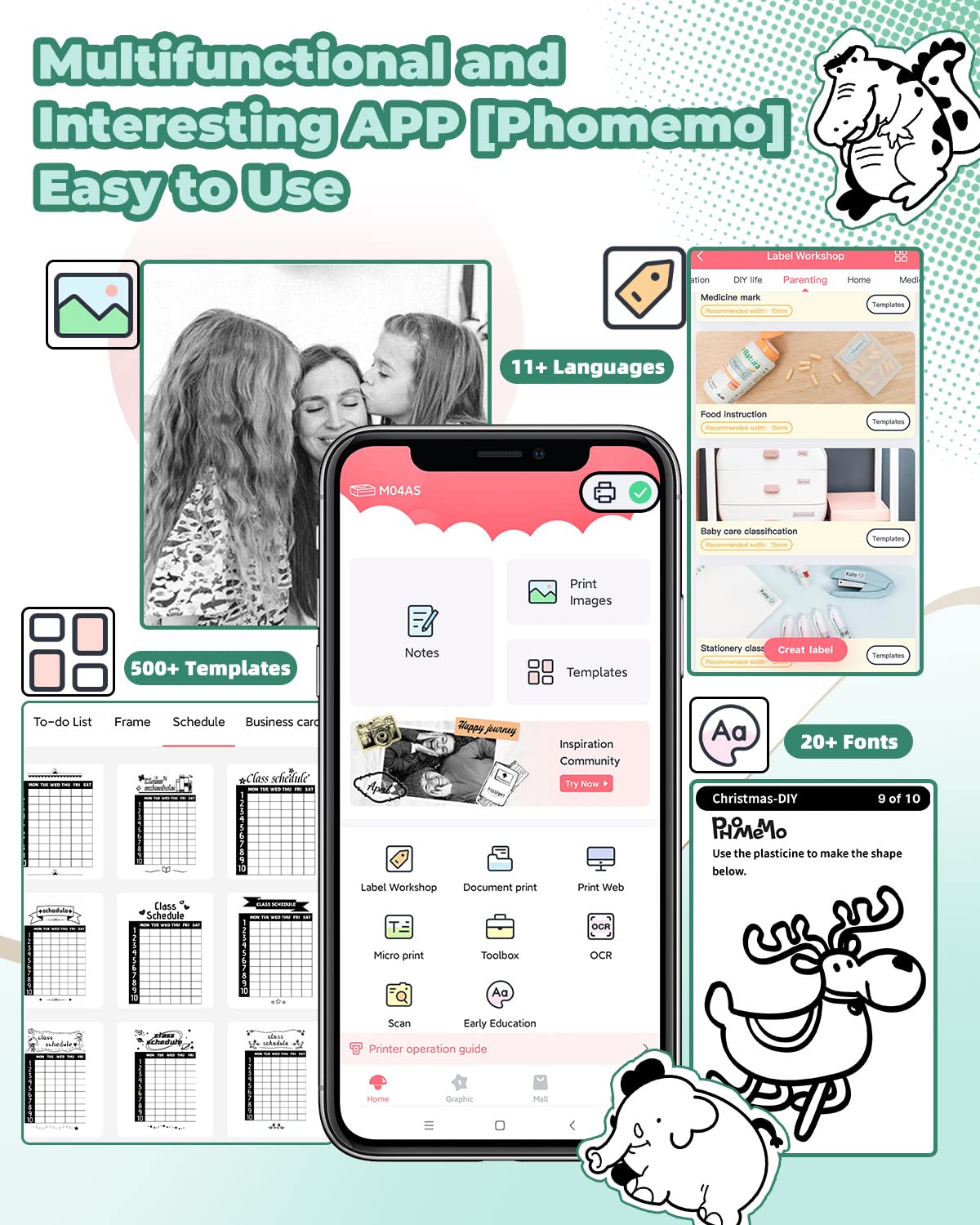 Memoqueen Portable Thermal Printer M04AS Inkless Sticker Printer 300dpi Bluetooth Label Printer, Support 15/53/80/110mm Printing Width, Suitable for Photos, Memo, Notes, to-Do-List, Gifts, Green