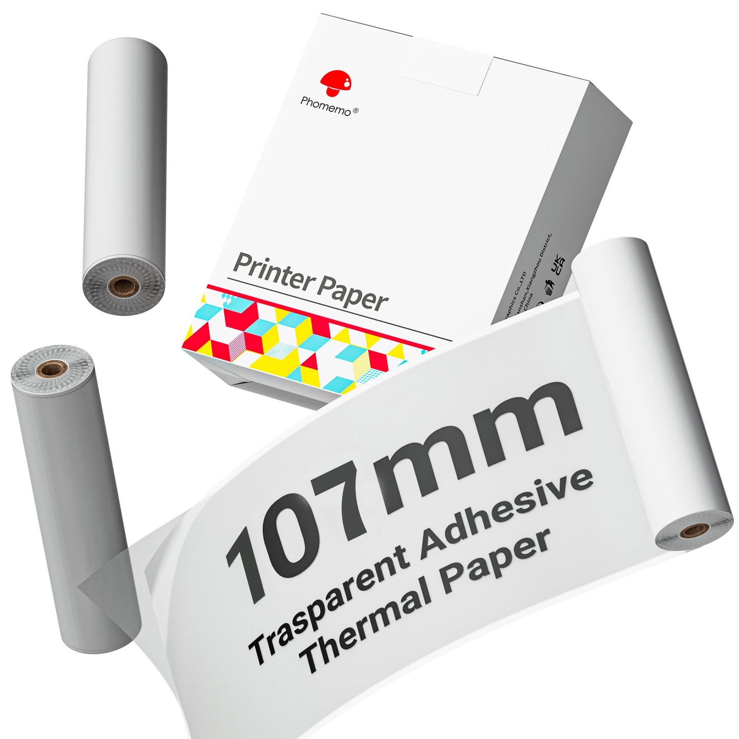 Phomemo Adhesive Transparent Thermal Paper, Clear Adhesive Thermal Sticker Paper for Phomemo M04S/M04AS Mini Bluetooth Thermal Printer, Black on Clear, 107mm x 3.5m, 3 Rolls