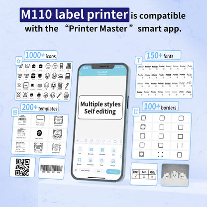 Phomemo M110 BU Label Maker Portable Bluetooth Thermal Label Maker Printer Inkless Printing for Labels, Stickers, Images, QR Codes, Compatible with Android & iOS System, with 1pack 40×30mm Label