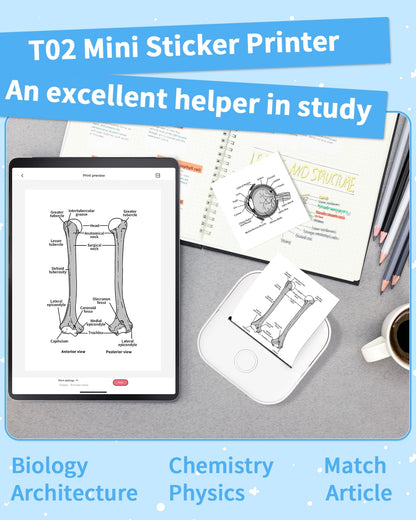 Memoqueen Mini Pocket Printer T02 Sticker Printer-Bluetooth Thermal Photo Printer Mini Portable Pocket Printer, Great for DIY Journal, Memo, Sticker and Notes, Compatible with iOS & Android, White