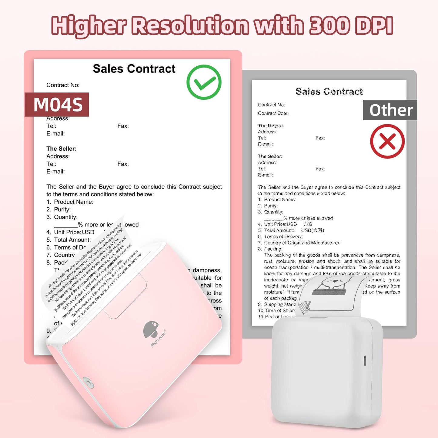 Phomemo M04S Portable Printer - Bluetooth Inkless Thermal Sticker Printer Compatible with iOS and Android for Instantly Print Documents, Notes, Laebl with 300dpi, Support 53/80/110mm Paper Width, Pink
