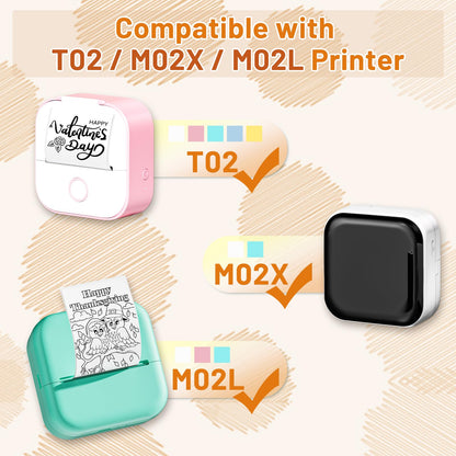 Phomemo T02 Mint Green/Lavender Purple/Light Orange, Adhesive Thermal Paper, Sticker Paper Printer Paper, 50mmx3.5mm,Black Text,Keep for 20 Years,3 Rolls