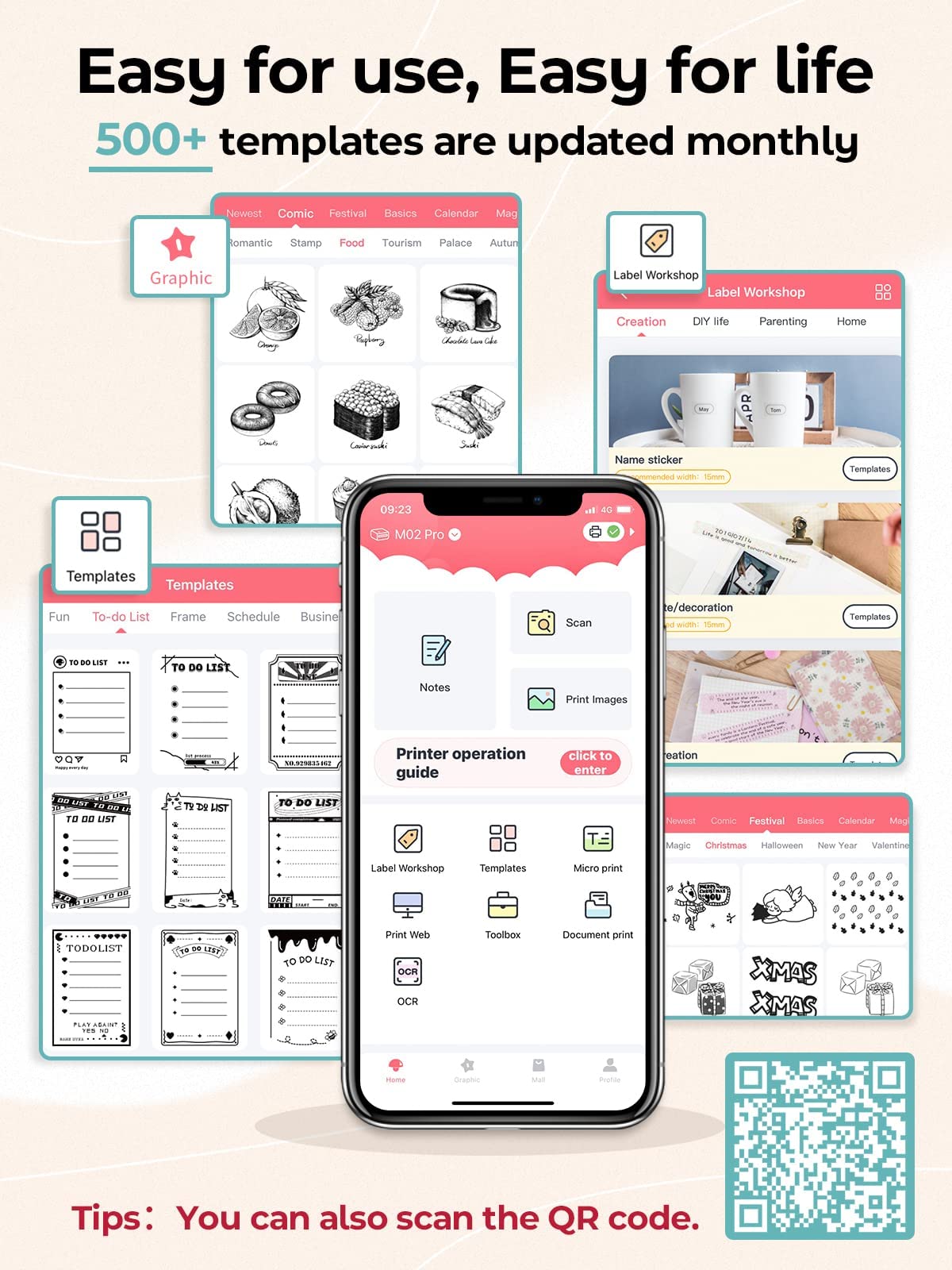 Mini Pocket Photo Printer - Phomemo M02Pro 300DPI Thermal Bluetooth Sticker Printer, Compatible with iOS & Android, for Retro Photo, Plan Journal, Organization, Mini Banners, Gift, Cyan