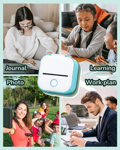 Memoqueen Mini Pocket Sticker Printer T02 Mini Sticker Printer, Mini Portable Bluetooth Thermal Printer with 3 Rolls Paper for Journal, Memo, Photo, DIY Scrapbook, Travel, Children Women Gifts, Green