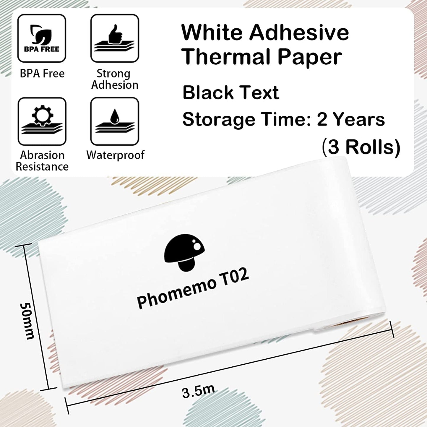 Memoqueen Phomemo T02 White Adhesive Thermal Paper, Sticker Paper Printer Paper, 1.96'' x 11.4' (50mmx3.5m/Roll), Compatible with M02X, Black Text, Keep for 2 Years, 3 Rolls