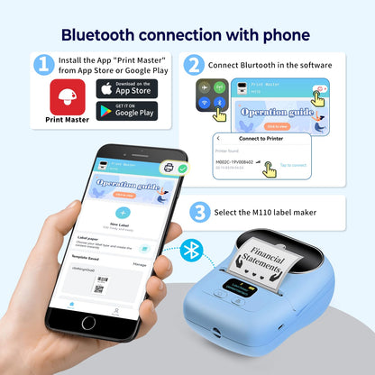 Memoqueen M110 Label Maker Portable Bluetooth Thermal Label Maker Printer Inkless Printing for Labels, Stickers, Images, QR Codes, Compatible with Android & iOS System, with 1pack 40×30mm Label, Blue
