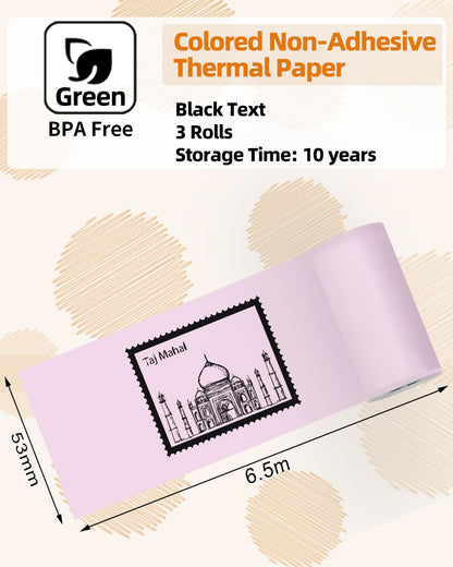 Phomemo T02 Pink/Yellow/Blue Thermal Paper, Non-Adhesive Paper Printer Paper, 53mmx8m, Black Text,Keep for 5 Years,3 Rolls