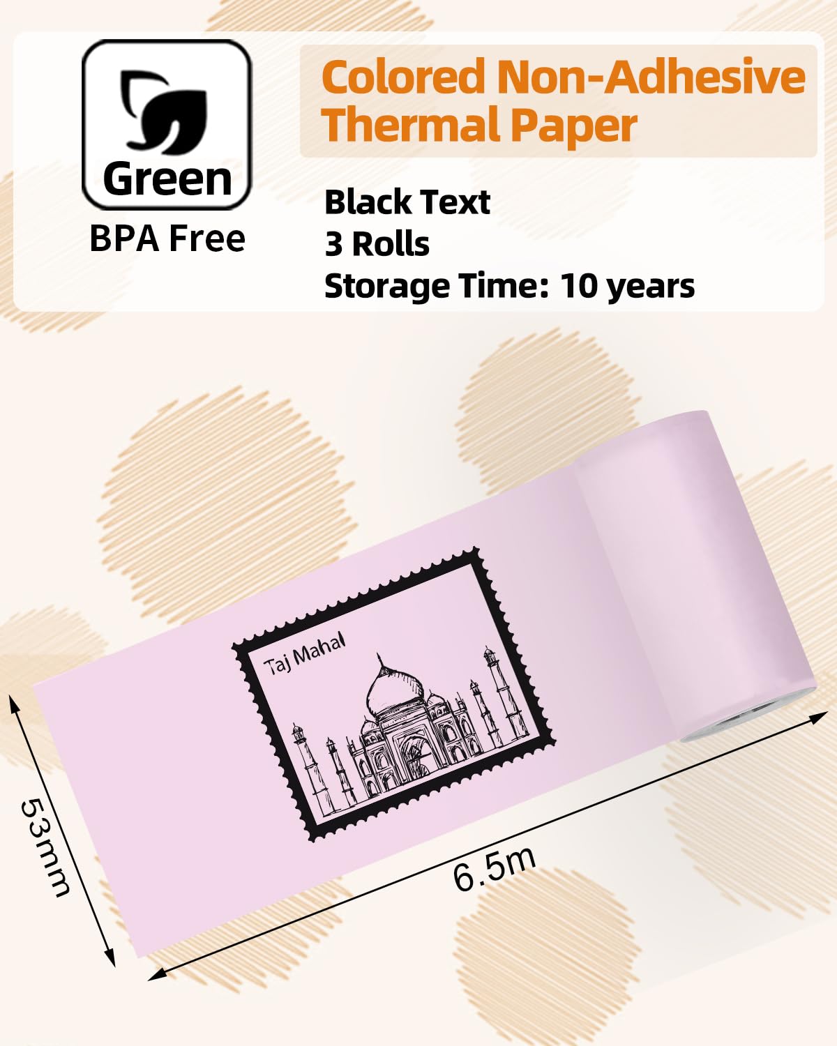 Phomemo T02 Pink/Yellow/Blue Thermal Paper, Non-Adhesive Color Paper Printer Paper, Compatible with T02 M02X, 2.08'' x 21.3' (53mmx 6.5m/roll), Black Text, Keep for 5 Years, 3 Rolls