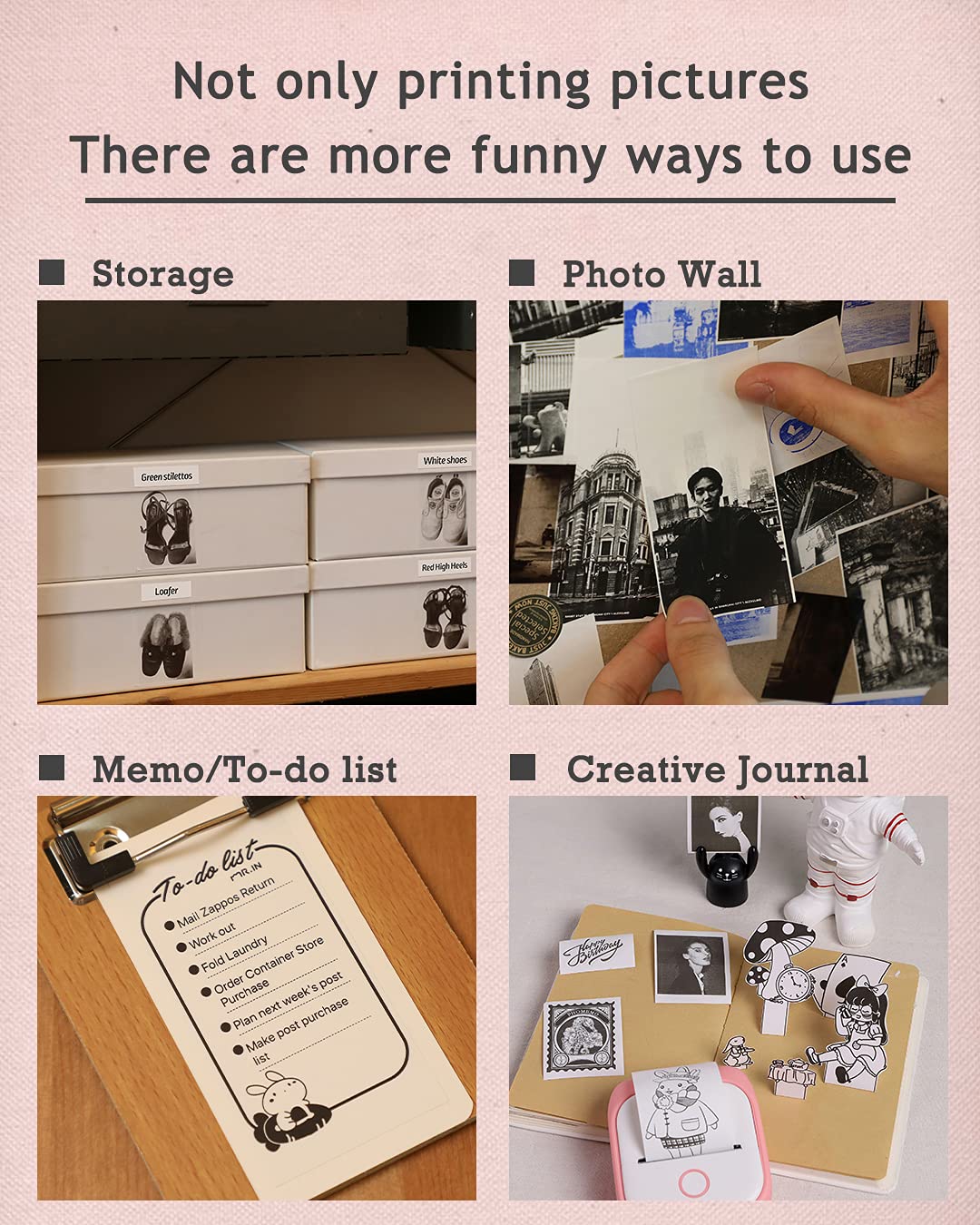 Memoqueen Pocket Sticker Printer T02 Mini Pocket Thermal Printer, Wireless Bluetooth Photo Printer for DIY Journal, Notes, Memo, Photo, Mini Receipt Printer Compatible with iOS & Android, Pink