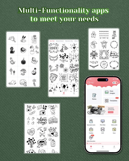 Memoqueen Mini Sticker Printer T02 Pocket Portable Bluetooth Thermal Printer with 3 Rolls Paper for Journal, Memo, Photo, DIY Scrapbook, Travel, Children Gifts, Compatible with iOS & Android, Green