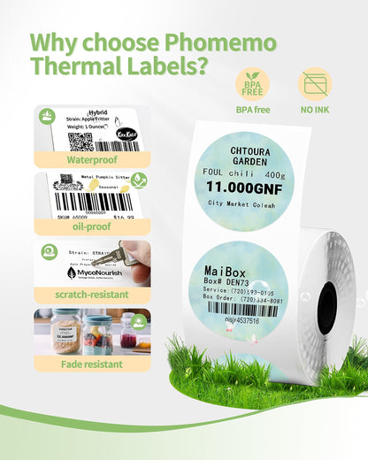 Memoqueen 2 Inch Flower Round Thermal Sticker Labels for Phomemo M110/M221/M220/M120/M200/M110S Label Printers,Green Multi-Purpose Circle Thermal Paper for Gift/Mailing/Business/School,140Labels/Roll