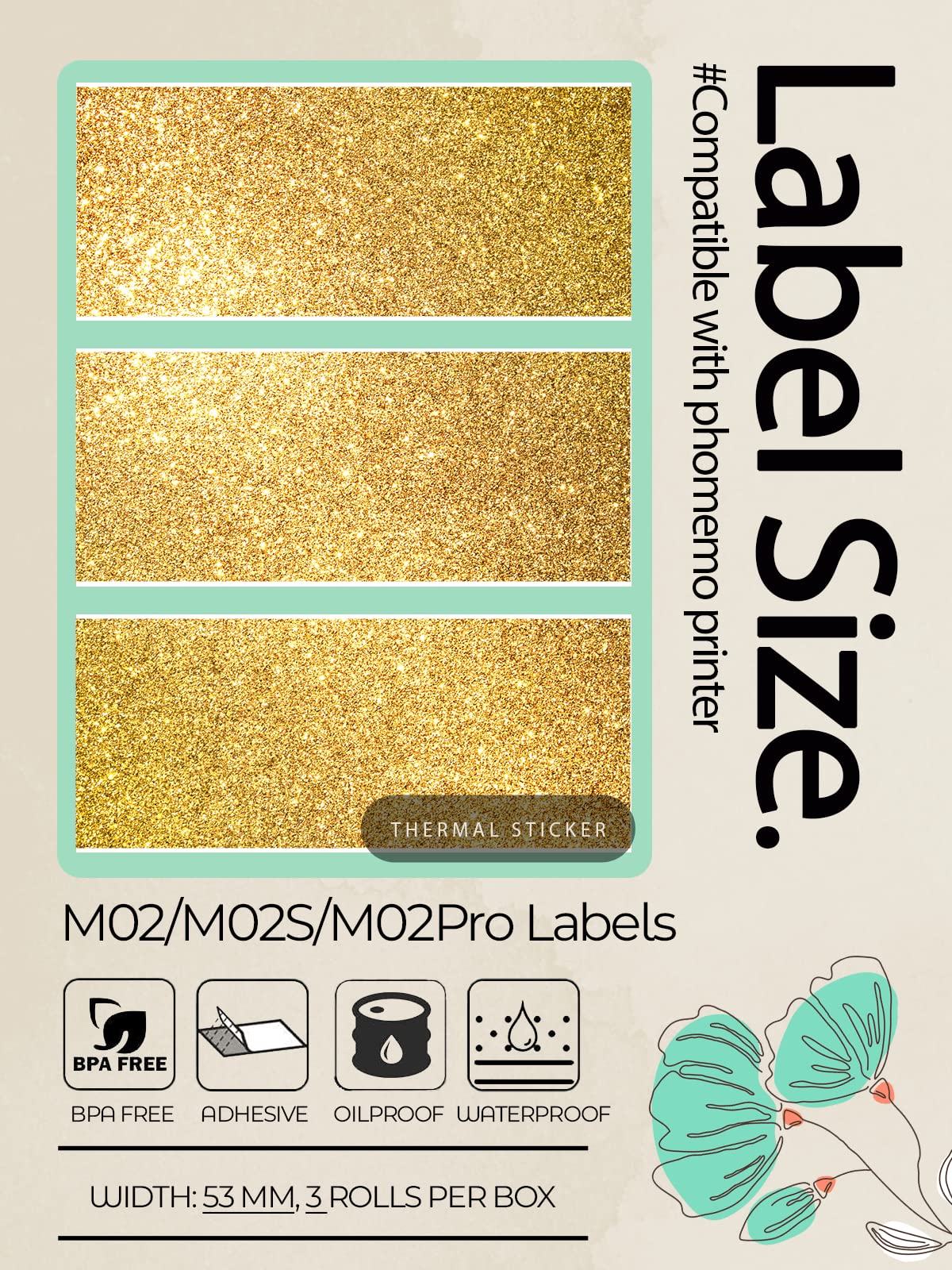 Phomemo M02 Printer Paper - Adhesive Transparent Gold Glitter Sticker Labels, for Phomemo M02/M02 Pro/M02S/M03S/M03AS/M04S/M04AS Pocket Bluetooth Thermal Printer, 50mm, 3 Rolls
