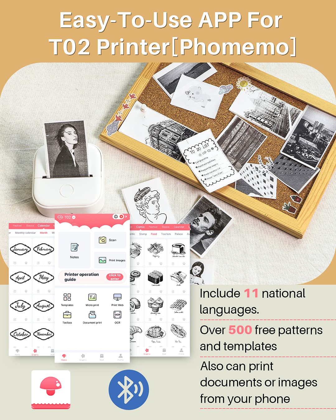 T02 Mini Printer-Memoqueen Bluetooth Thermal Printer Mobile Pocket Printer, Sticker Maker Machine Compatible with Phones & Taplates, 203dpi, Suit for Journal, Memo, To-do List, Patterns, Gift, Receipt