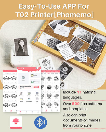 T02 Mini Printer-Memoqueen Bluetooth Thermal Printer Mobile Pocket Printer, Sticker Maker Machine Compatible with Phones & Taplates, 203dpi, Suit for Journal, Memo, To-do List, Patterns, Gift, Receipt