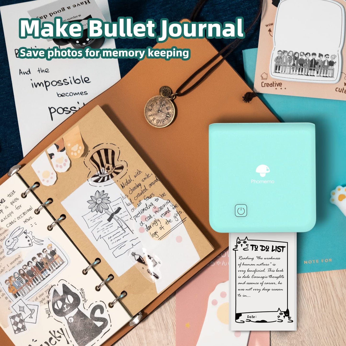 Mini Pocket Photo Printer - Phomemo M02Pro 300DPI Thermal Bluetooth Sticker Printer, Compatible with iOS & Android, for Retro Photo, Plan Journal, Organization, Mini Banners, Gift, Cyan