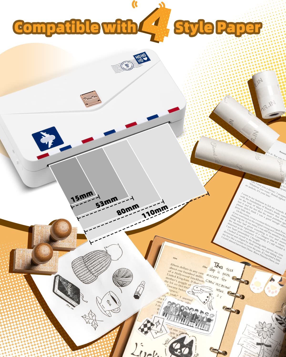 Memoqueen Mini Thermal Printer M04AS Portable Sticker Printer Wireless Bluetooth Printer for iPhone, Support 15/53/80/110mm Paper, Compatible with iOS & Android, Great for Memo, Notes, Photo, Journal