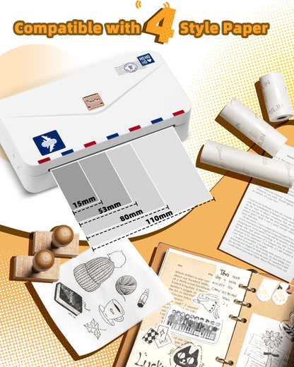 Memoqueen Mini Thermal Printer M04AS Portable Sticker Printer Wireless Bluetooth Printer for iPhone, Support 15/53/80/110mm Paper, Compatible with iOS & Android, Great for Memo, Notes, Photo, Journal