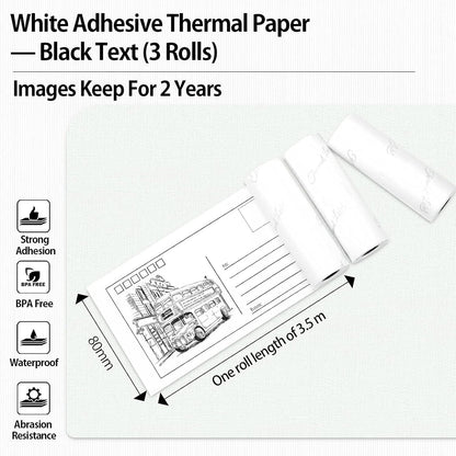 Memoqueen 3 Rolls Adhesive Printer Paper, White Thermal Paper Printing Paper, Black Text, 3.03 Inch x 11.48ft, Images Keep for 2 Years, Compatible for M03 M03AS M04S M04AS Thermal Portable Printer