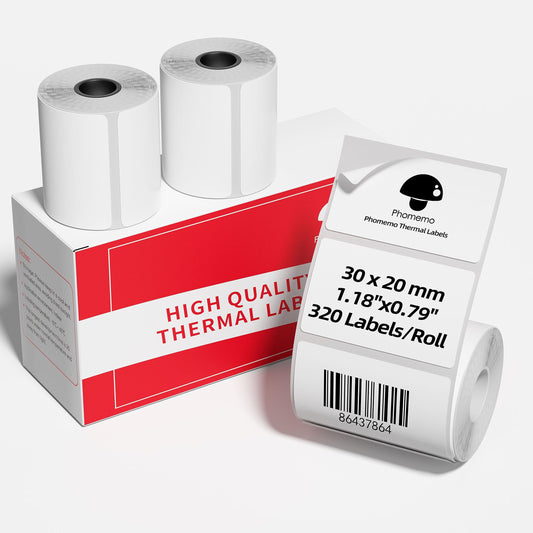 3 Roll Thermal Labels for Phomemo M110/M221/M220/M120/M200/M110S Label pirnters,1.18'' x 0.79'' (30x20mm),Tape Self-Adhesive Thermal Paper for Barcode,QR Code,320 Labels/Roll Black on White