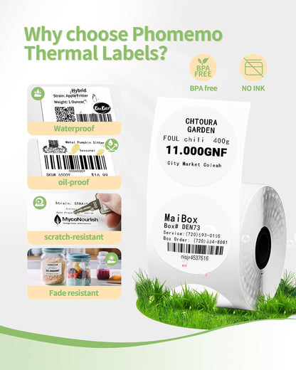 3 Roll Self-Adhesive Round Circle Thermal Labels for Phomemo M110/M221/M220/M120/M200/M110S Label Printers,1.96''(50 mm),Multi-Purpose Thermal Stickers,Black on White,140Labels/Roll