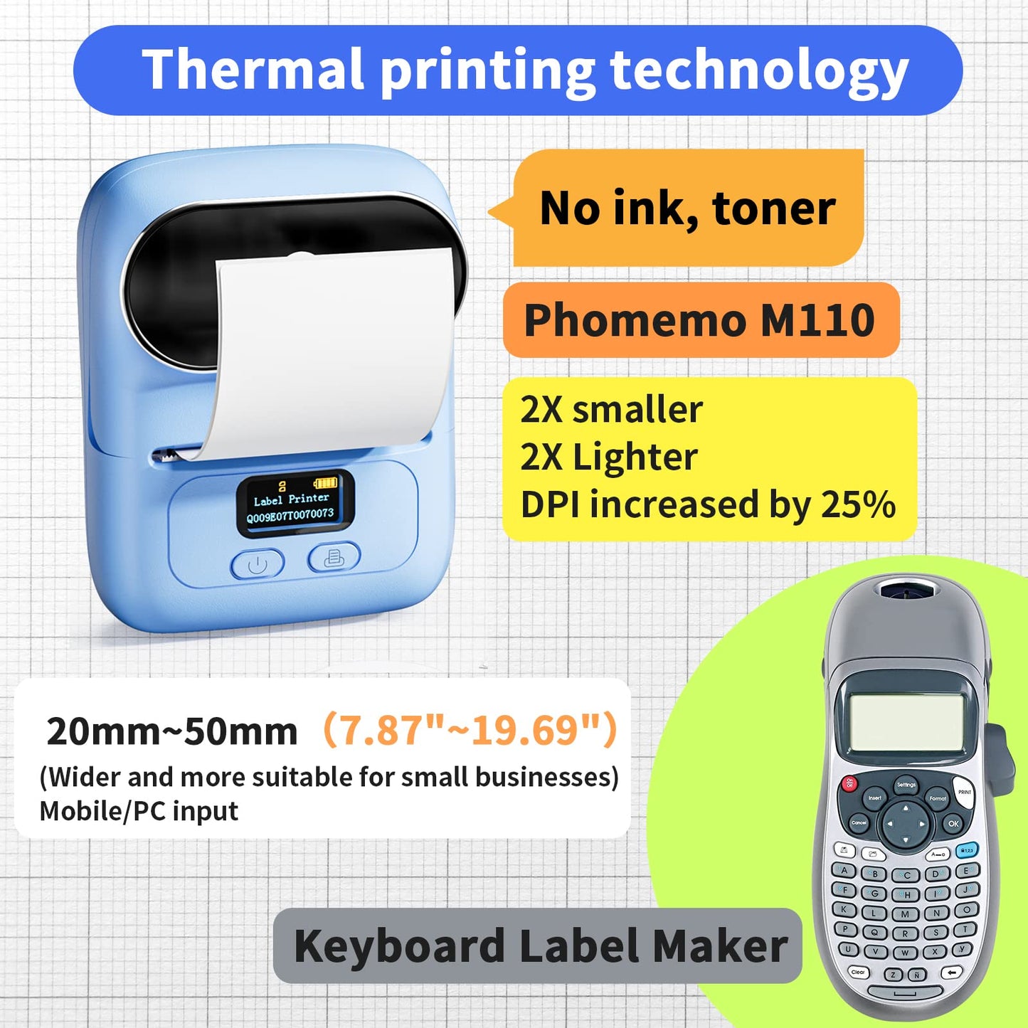 Phomemo M110 BU Label Maker Portable Bluetooth Thermal Label Maker Printer Inkless Printing for Labels, Stickers, Images, QR Codes, Compatible with Android & iOS System, with 1pack 40×30mm Label