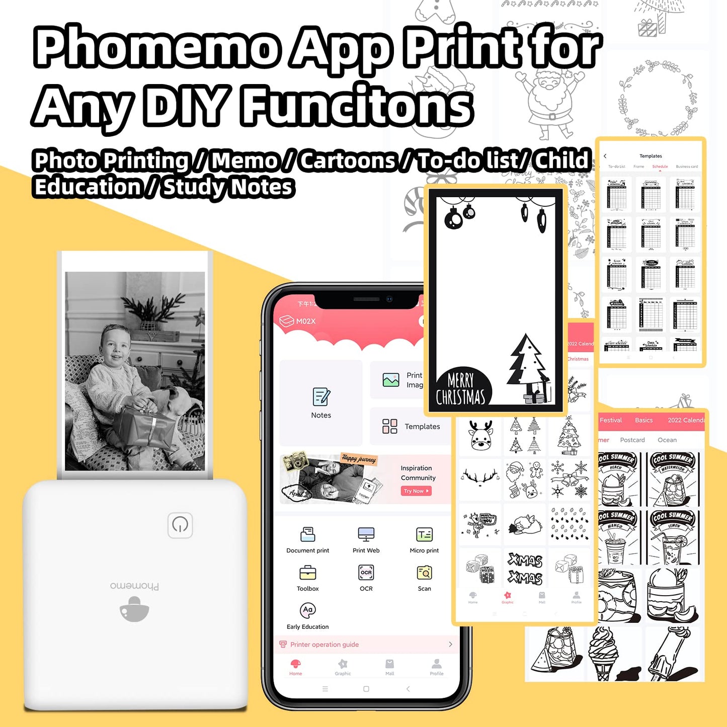 Phomemo M02Pro Mini Pocket Printer - 304DPI HD Portable Thermal Bluetooth Sticker Printer, 15/25/53mm Label Maker Compatible with iOS & Android, for Retro Photo, Plan Journal, Art Creation, Gift,