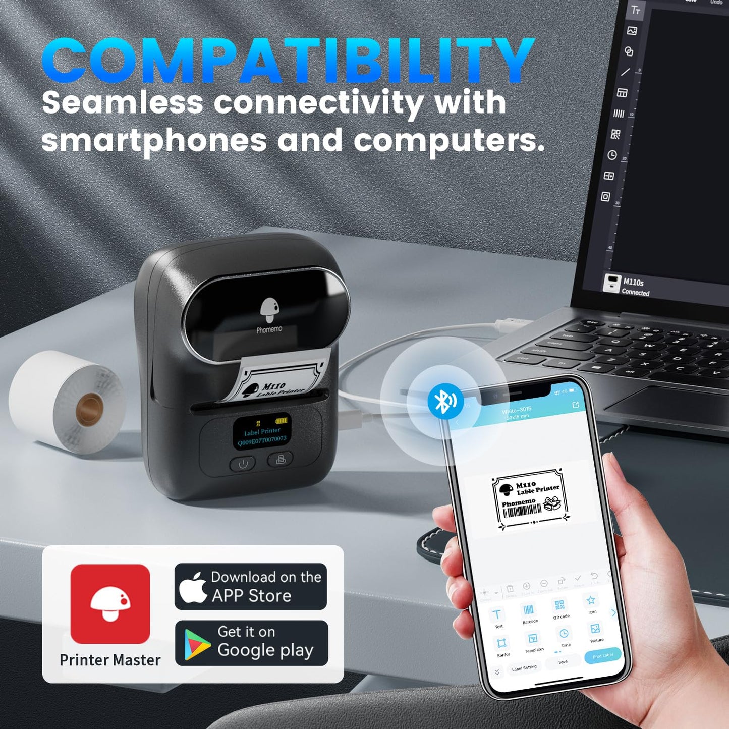 Phomemo M110 Portable Thermal Label Printer, Bluetooth Label Maker Machine for iOS & Android, Barcode Label Printer Machine for Small Business, Address, Office, with 1 Roll 40x30mm Label,Black